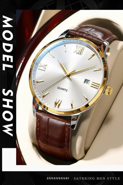 POEDAGAR Minimal Date Leather Watch