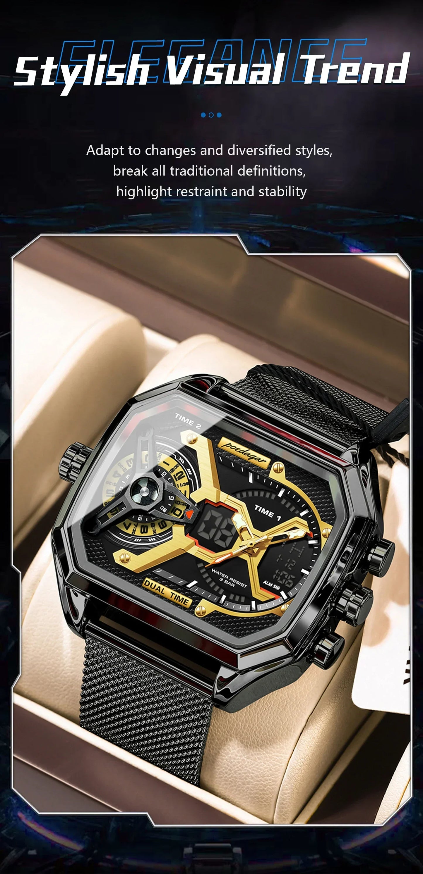 POEDAGAR Tactical Dual Display Chronograph Watch