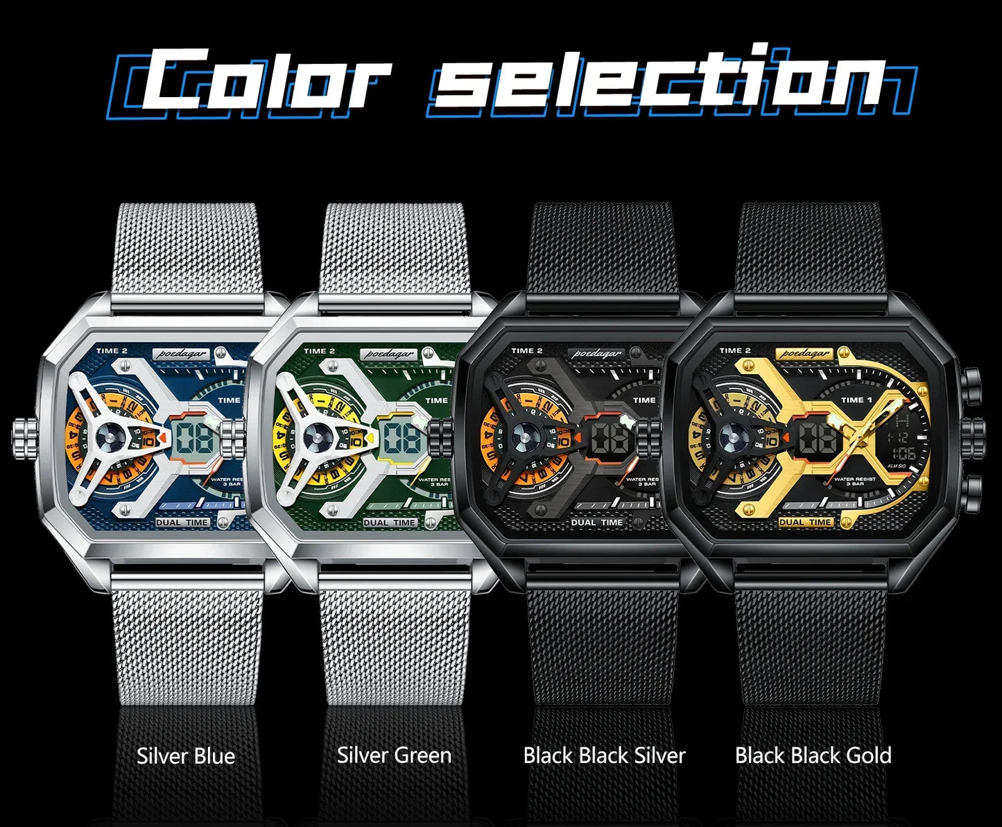 POEDAGAR Tactical Dual Display Chronograph Watch