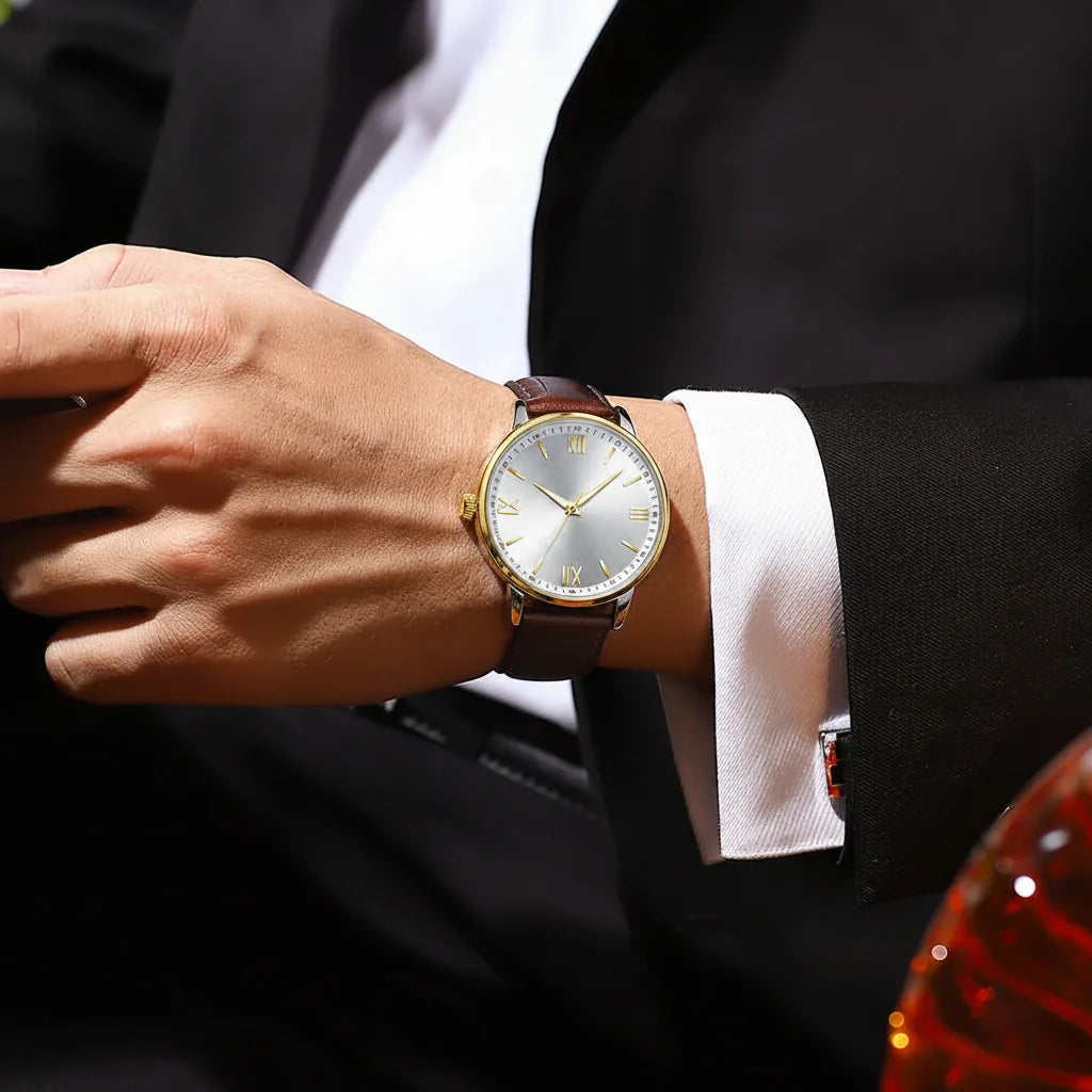 POEDAGAR Minimal Date Leather Watch