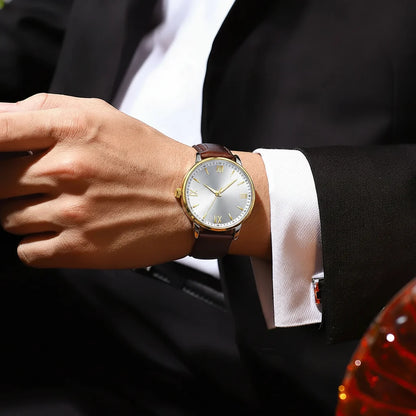 POEDAGAR Minimal Date Leather Watch