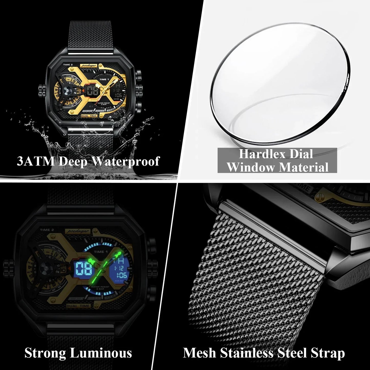 POEDAGAR Tactical Dual Display Chronograph Watch