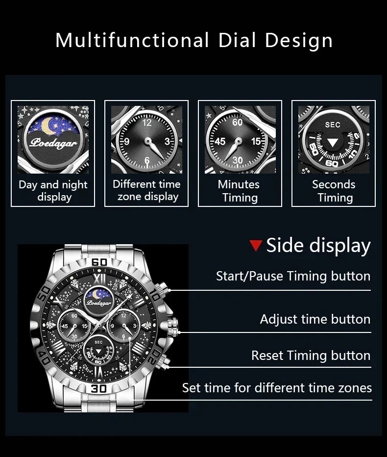 POEDAGAR Chrono Steel Watch