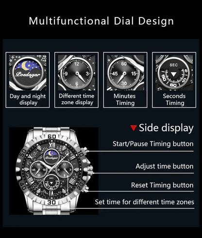 POEDAGAR Chrono Steel Watch