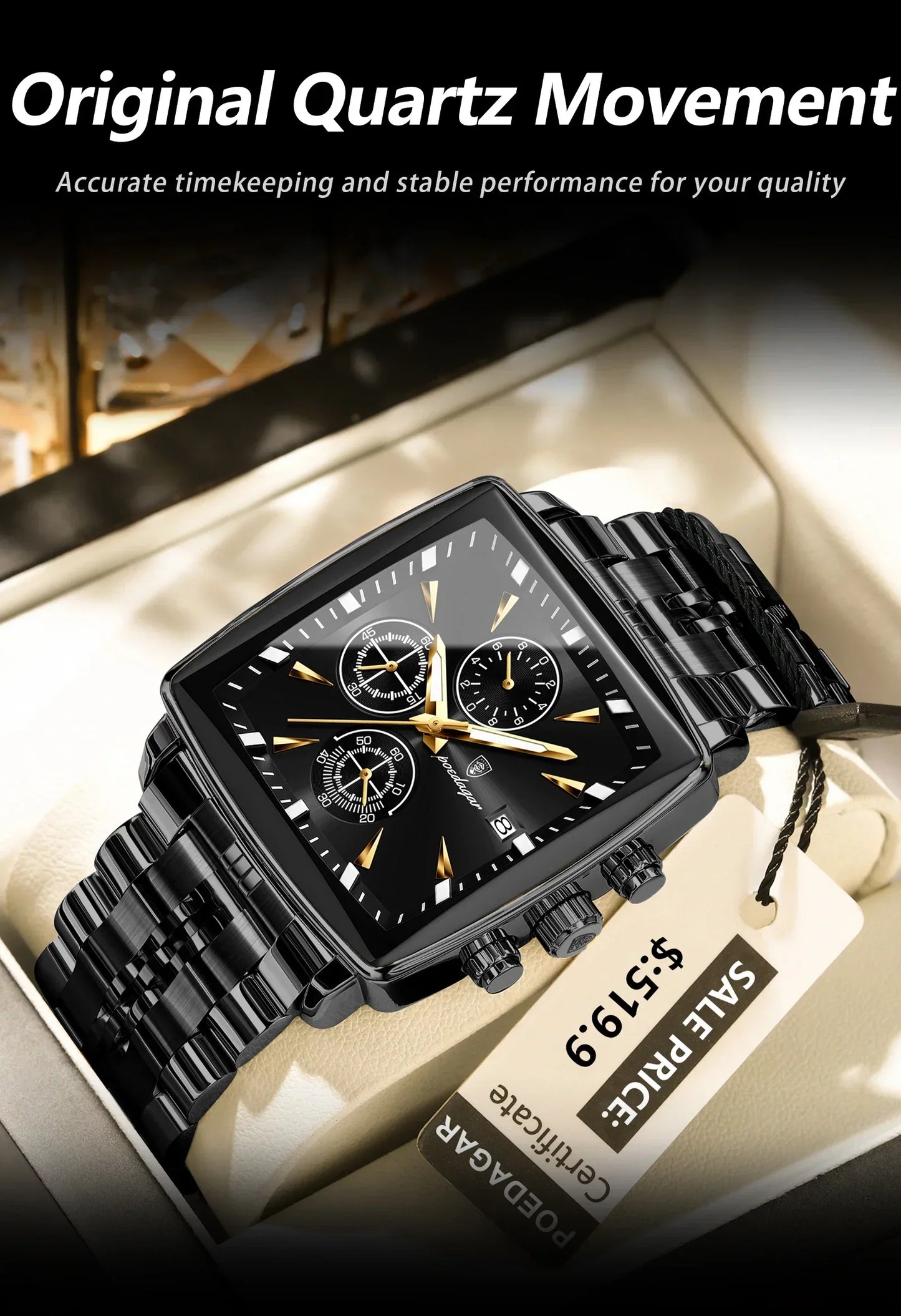 POEDAGAR Square Steel Watch