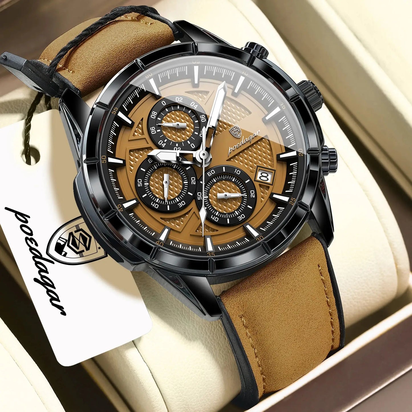 POEDAGAR Vintage Chrono Leather Watch