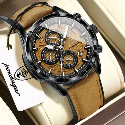 POEDAGAR Vintage Chrono Leather Watch