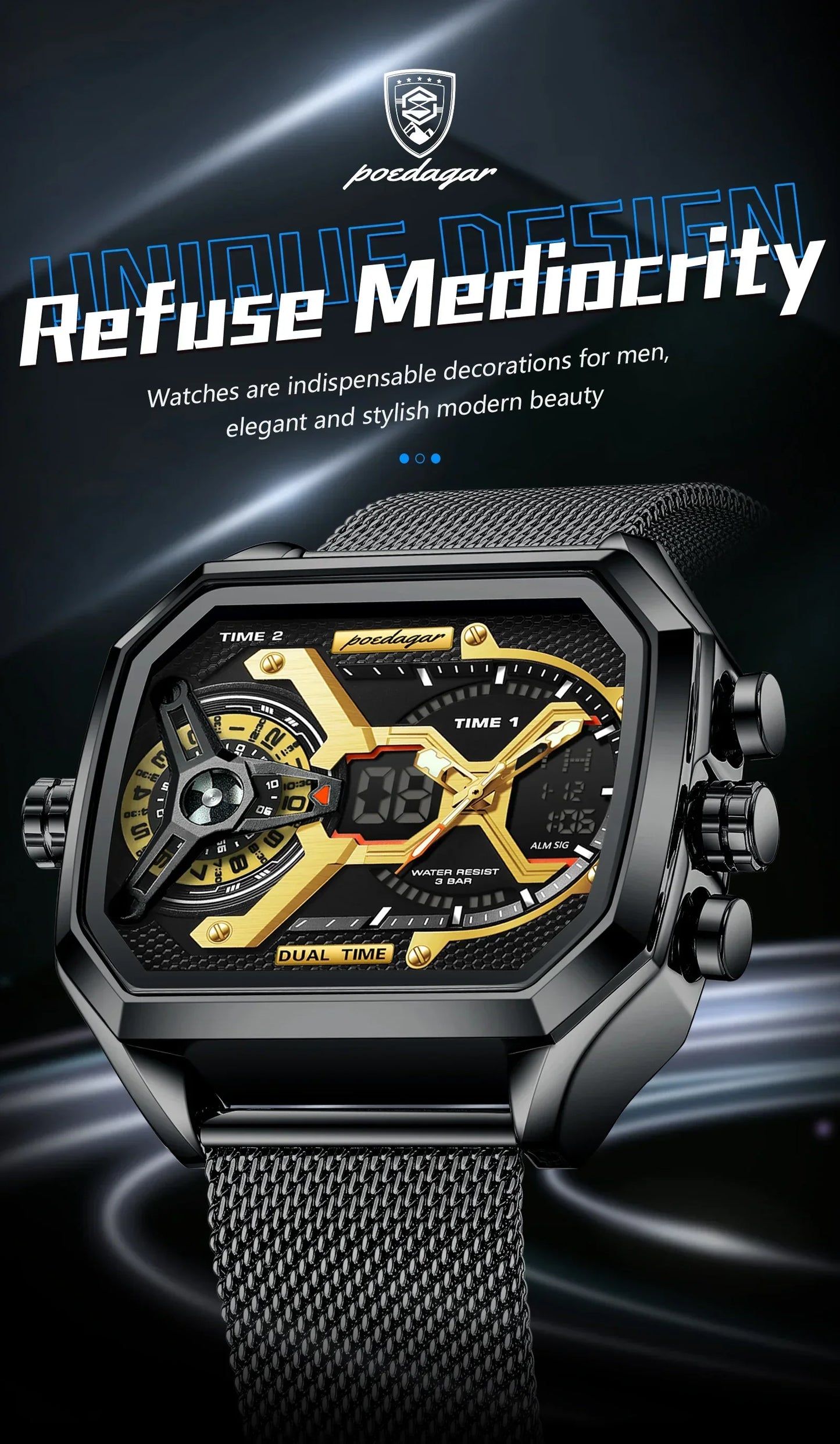 POEDAGAR Tactical Dual Display Chronograph Watch