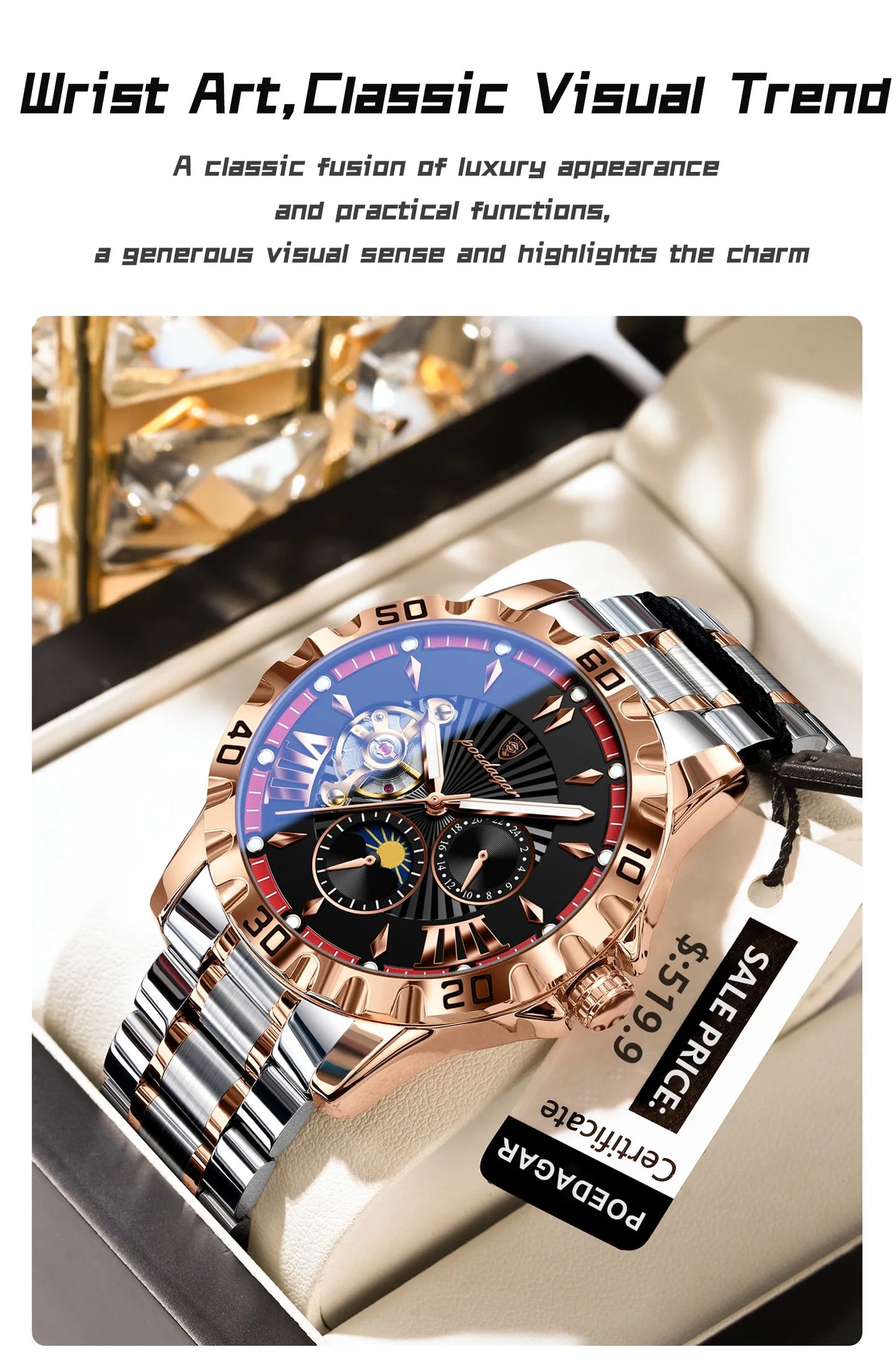 POEDAGAR Prestige Automatic Skeleton Sport Watch