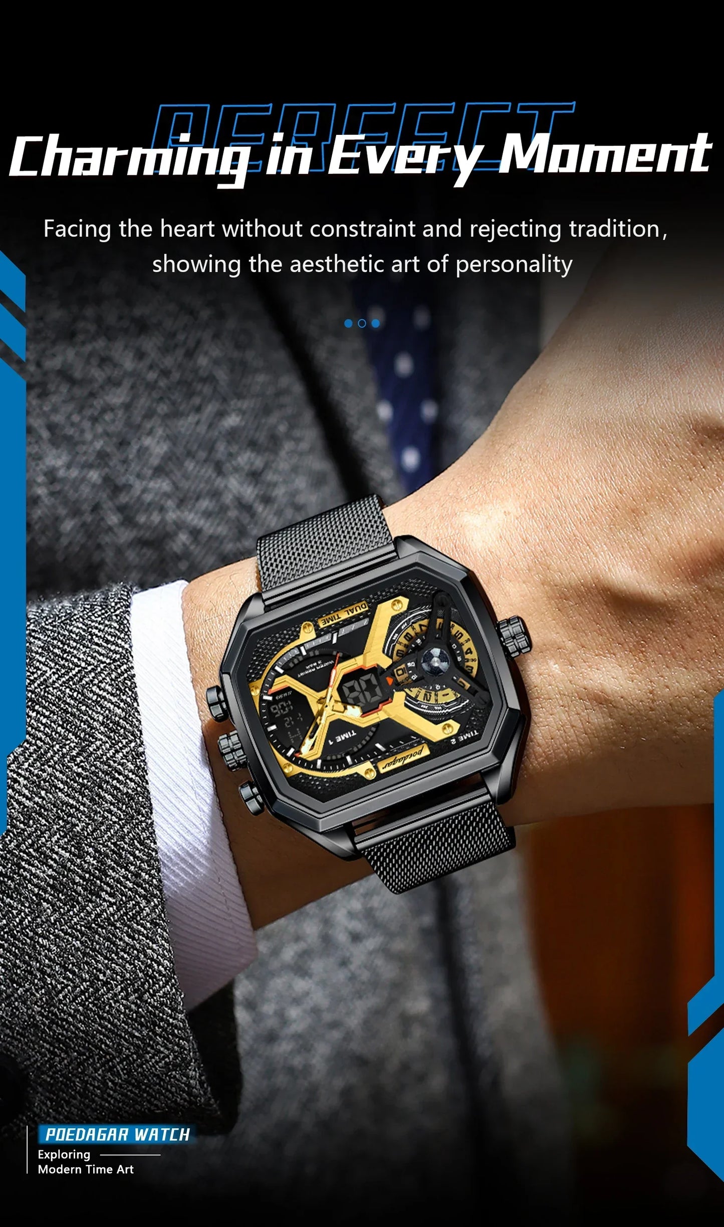 POEDAGAR Tactical Dual Display Chronograph Watch