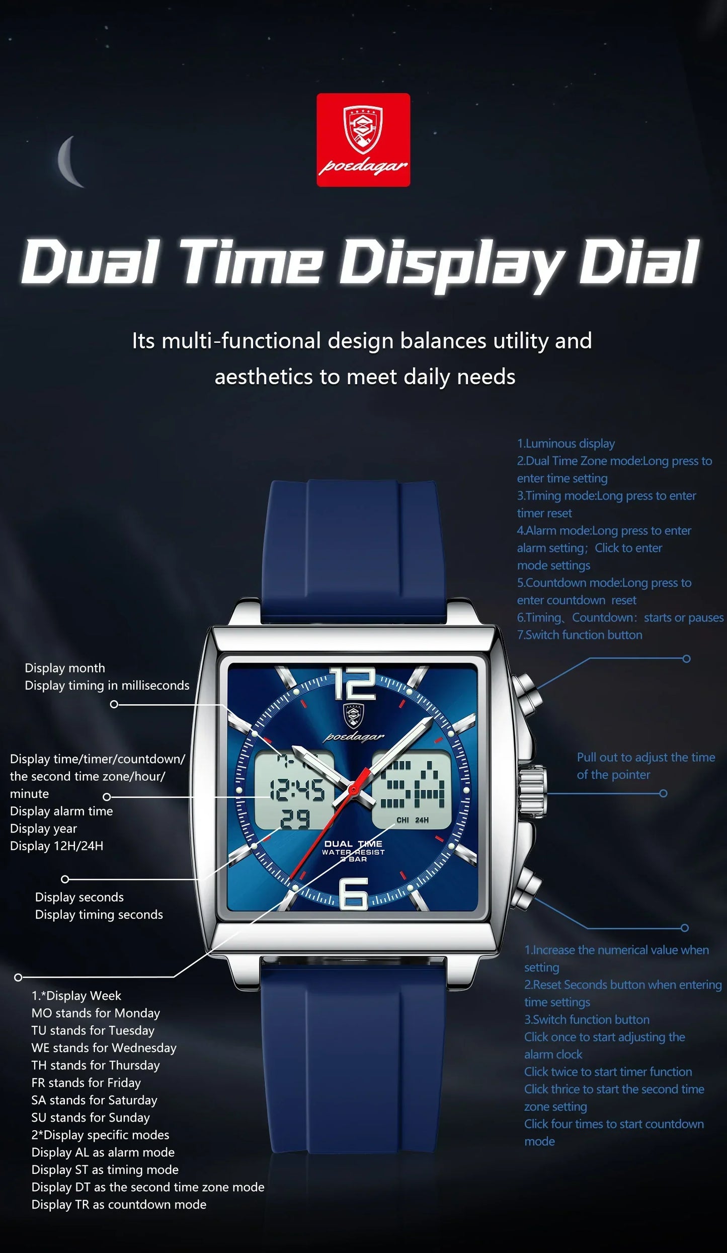 POEDAGAR DualTech Sport Watch