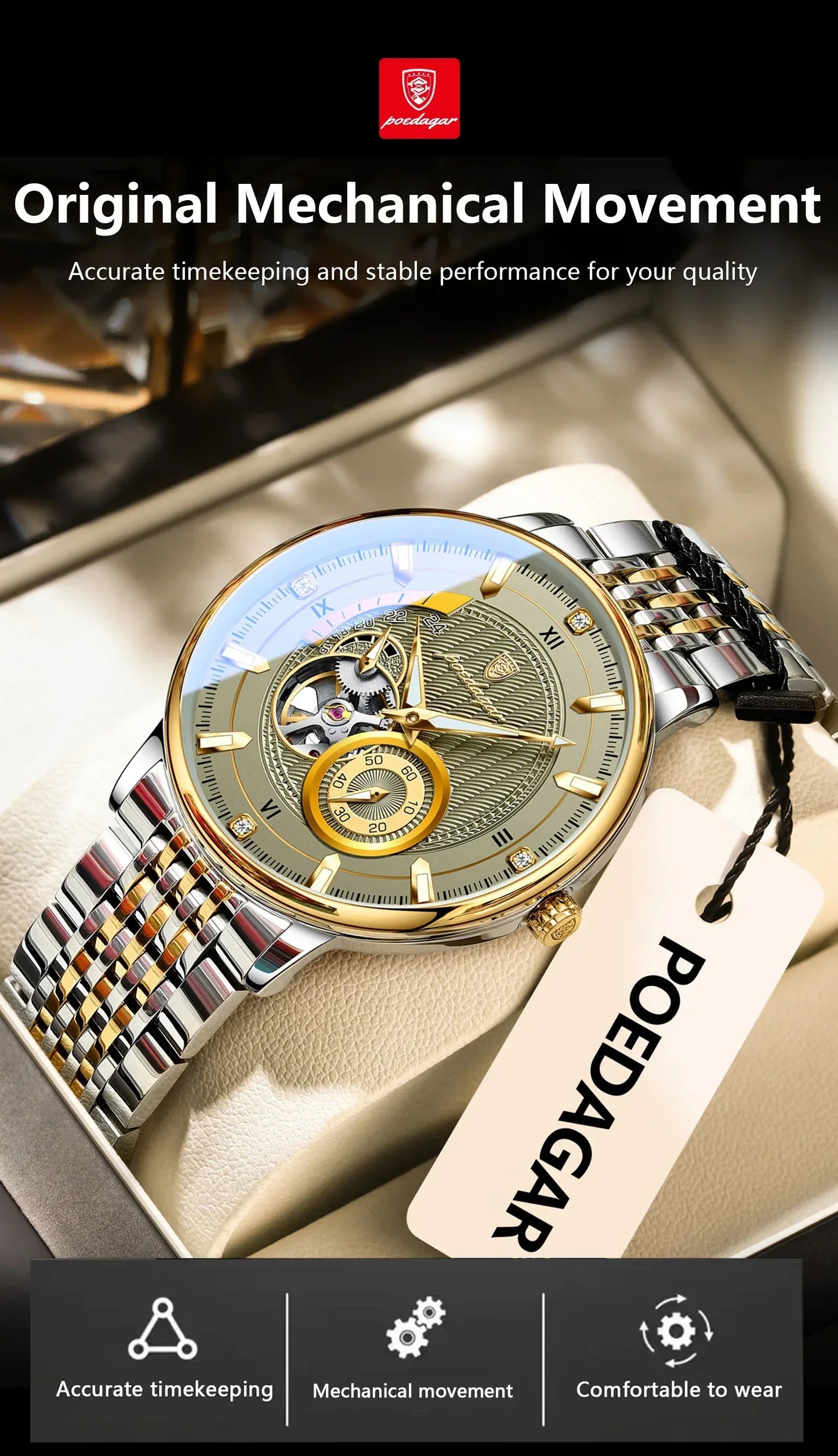 POEDAGAR Prestige Skeleton Automatic Watch