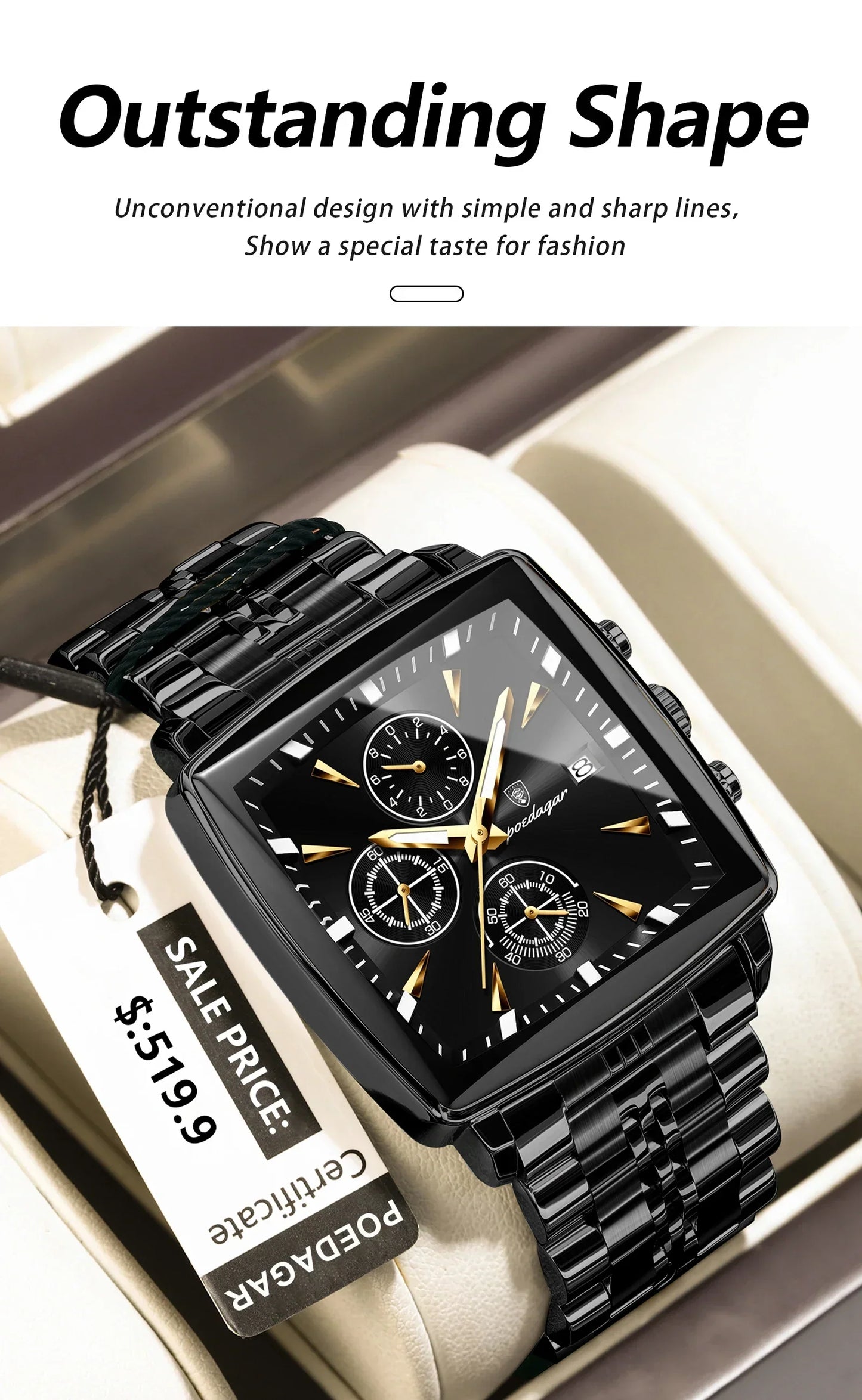 POEDAGAR Prestige Square Chronograph Watch