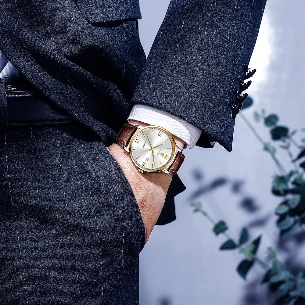 POEDAGAR Minimal Date Leather Watch
