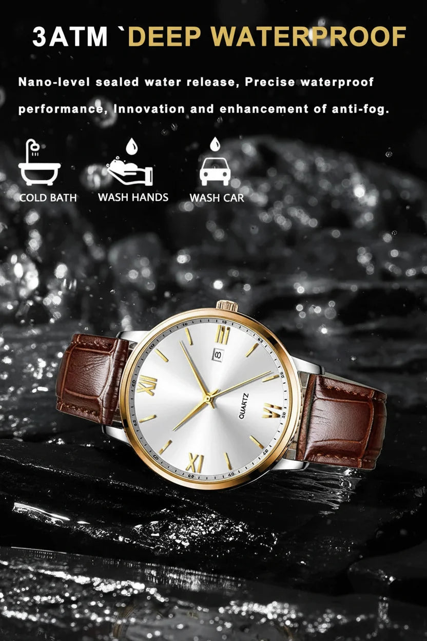 POEDAGAR Minimal Date Leather Watch