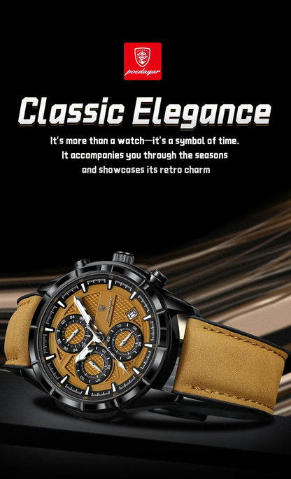 POEDAGAR Vintage Chrono Leather Watch