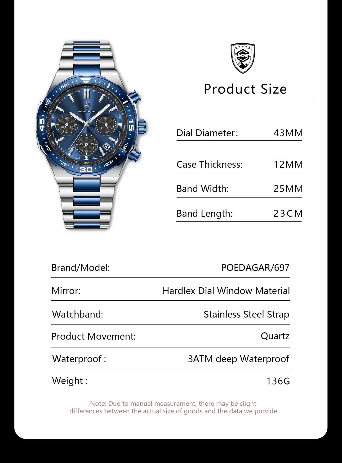 POEDAGAR Chrono Steel Watch