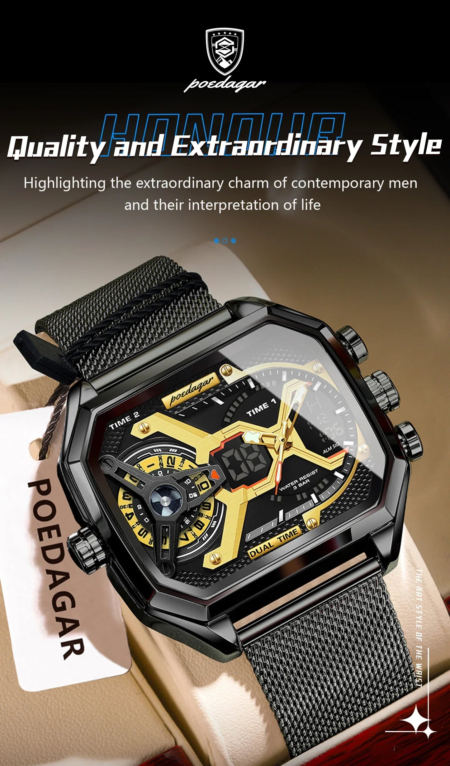 POEDAGAR Tactical Dual Display Chronograph Watch