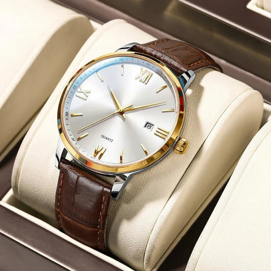 POEDAGAR Minimal Date Leather Watch