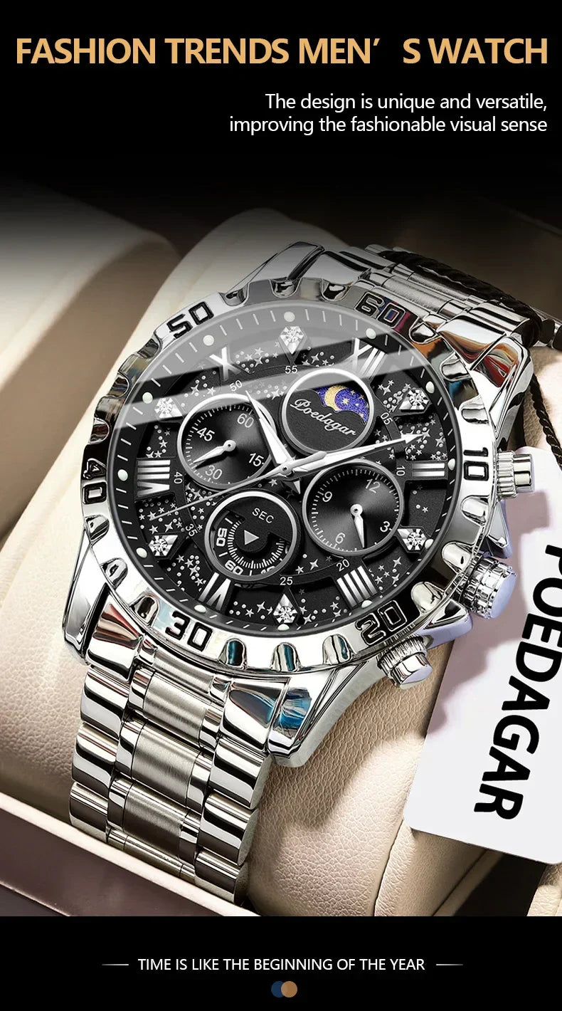 POEDAGAR Chrono Steel Watch
