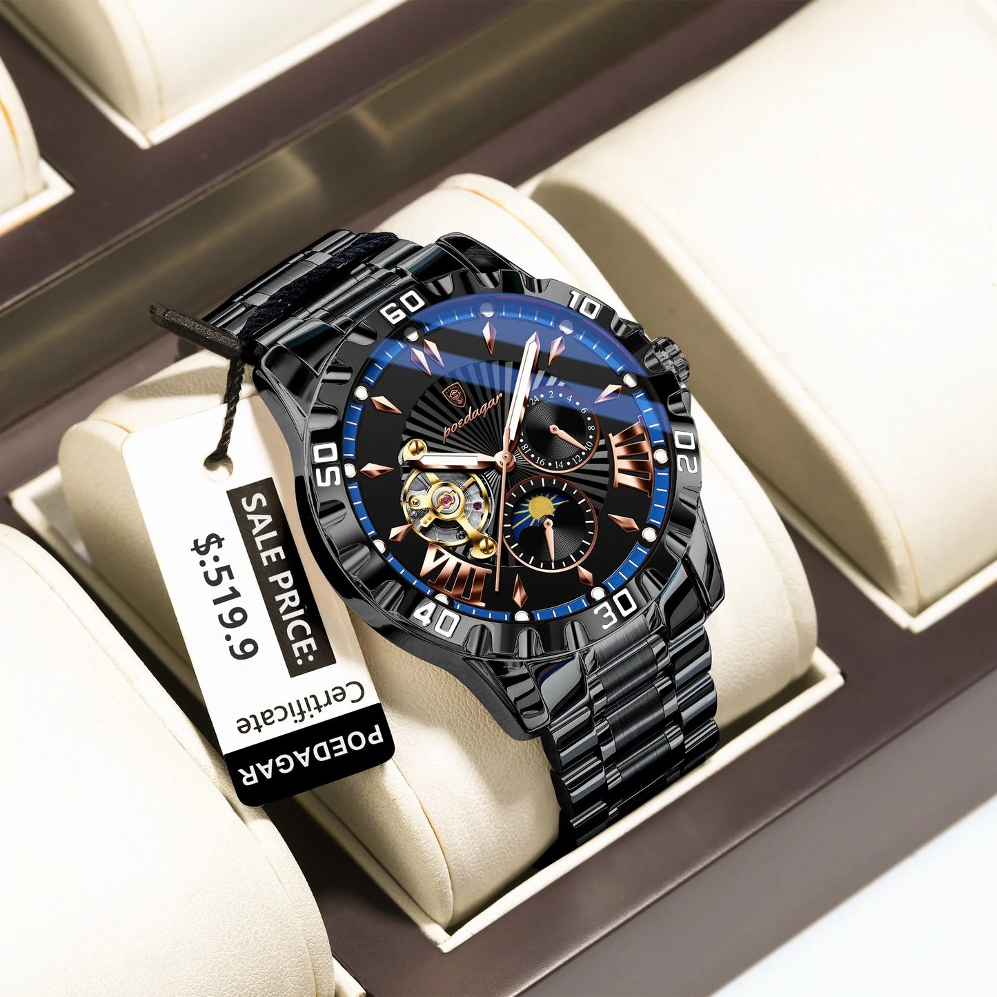 POEDAGAR Prestige Automatic Skeleton Sport Watch