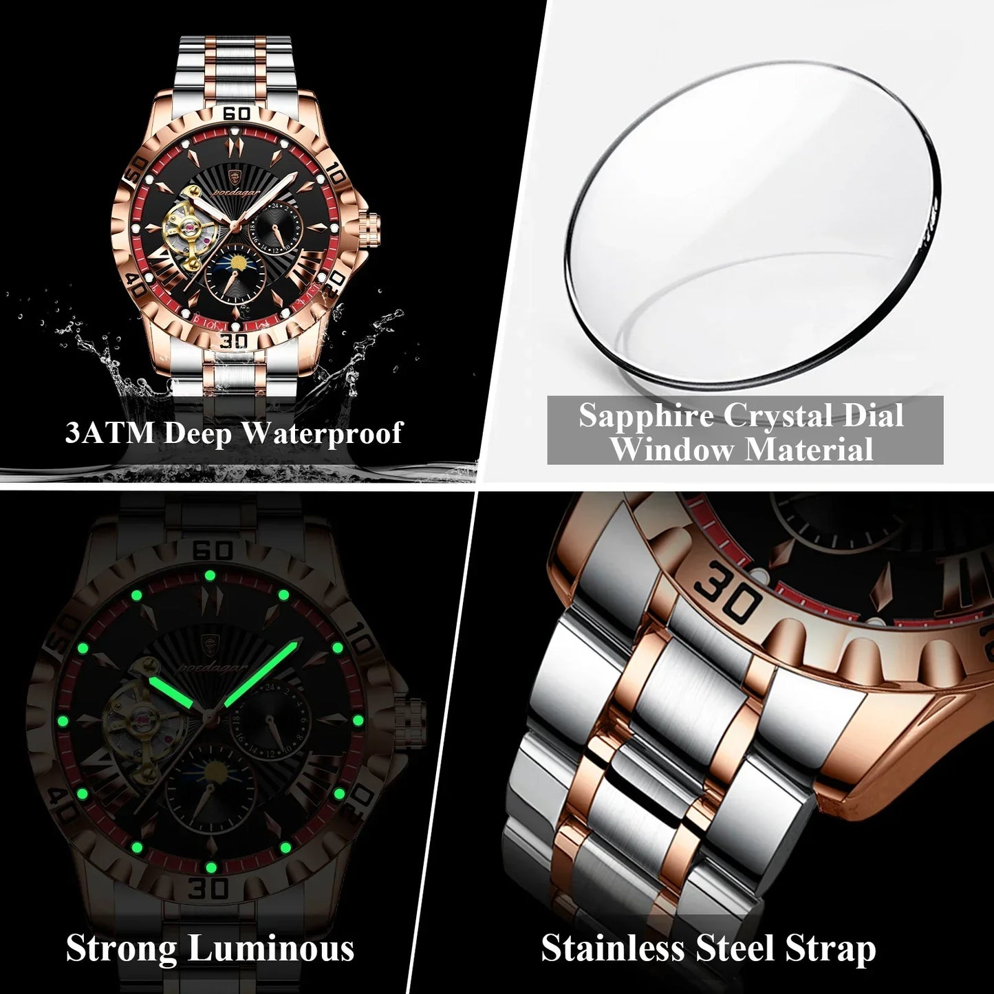 POEDAGAR Prestige Automatic Skeleton Sport Watch