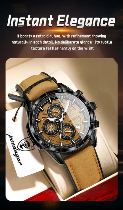 POEDAGAR Vintage Chrono Leather Watch
