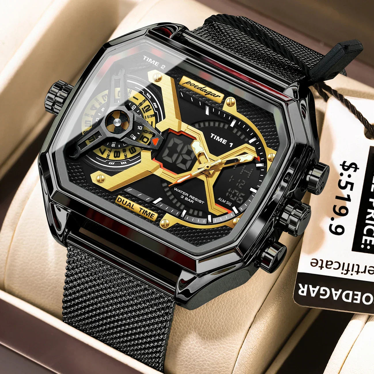 POEDAGAR Tactical Dual Display Chronograph Watch