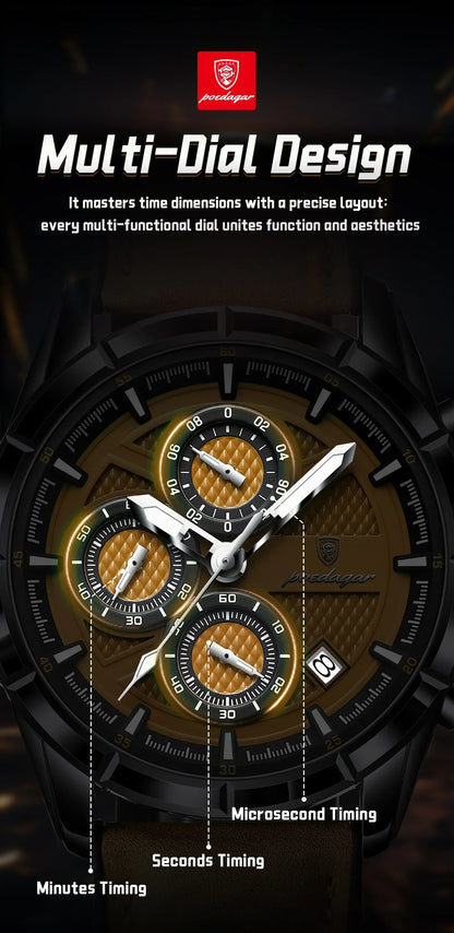 POEDAGAR Vintage Chrono Leather Watch