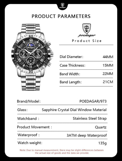 POEDAGAR Chrono Steel Watch