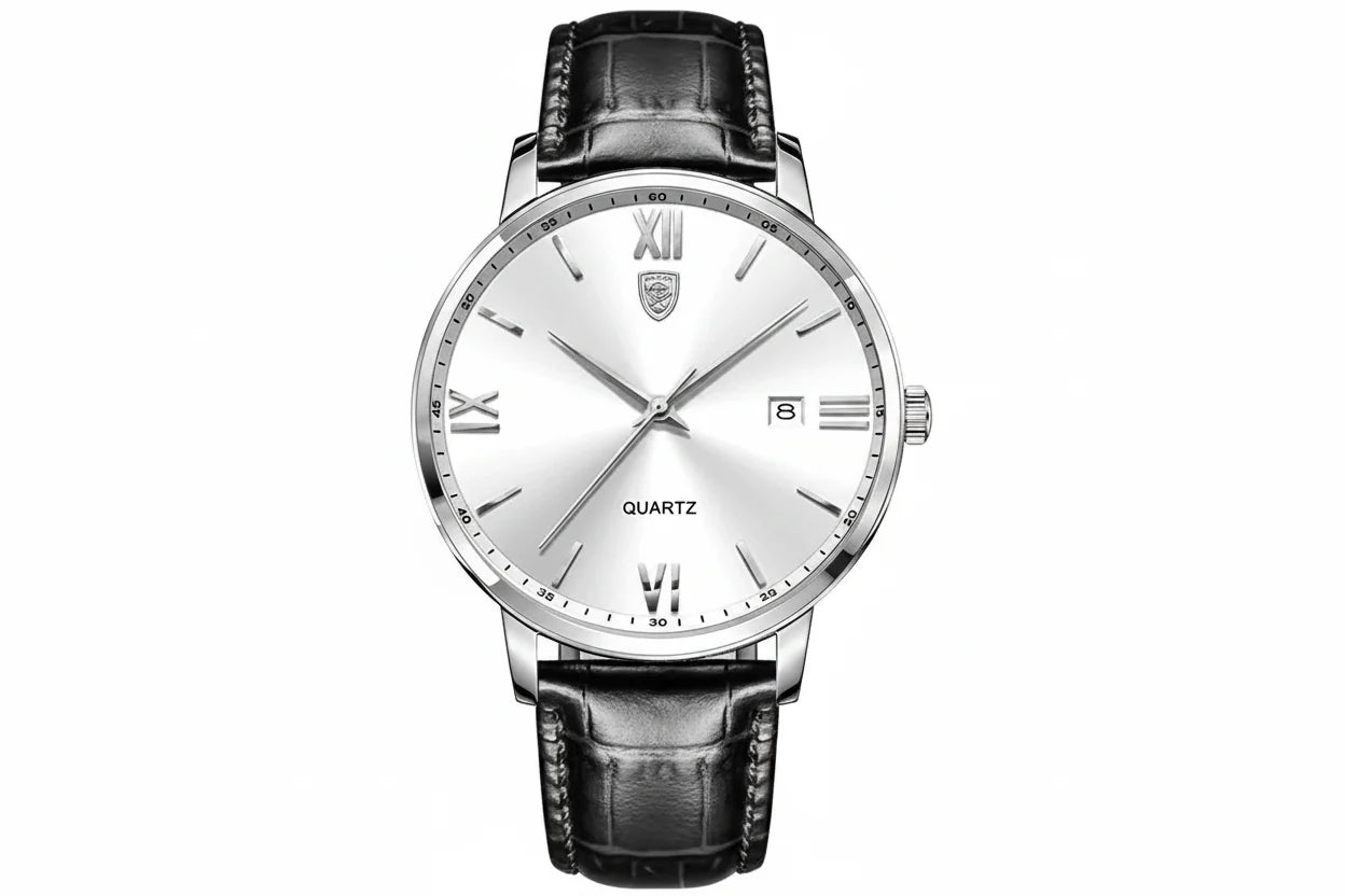 POEDAGAR Minimal Date Leather Watch