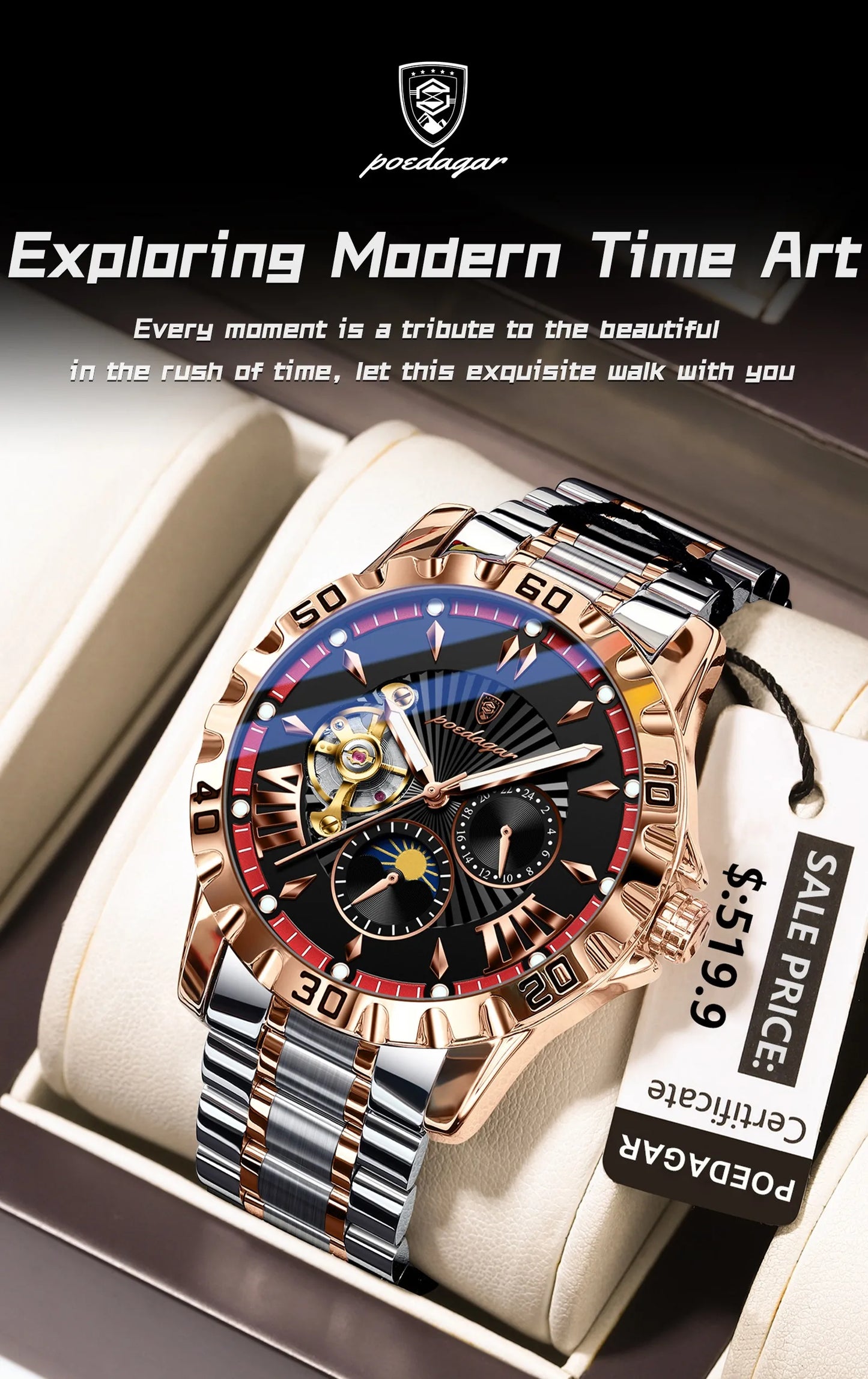 POEDAGAR Prestige Automatic Skeleton Sport Watch