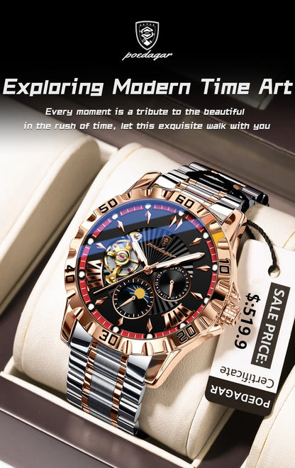 POEDAGAR Prestige Automatic Skeleton Sport Watch