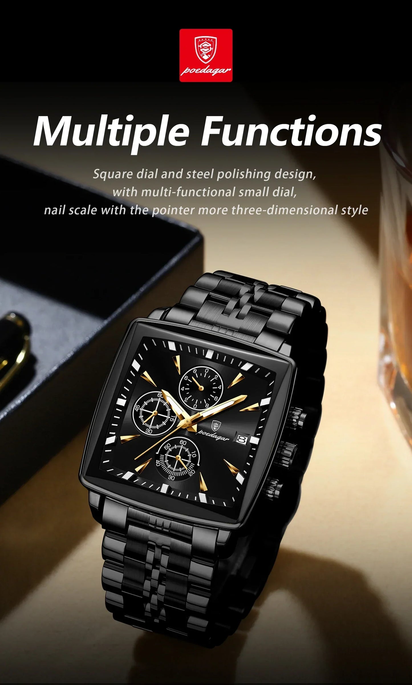 POEDAGAR Prestige Square Chronograph Watch
