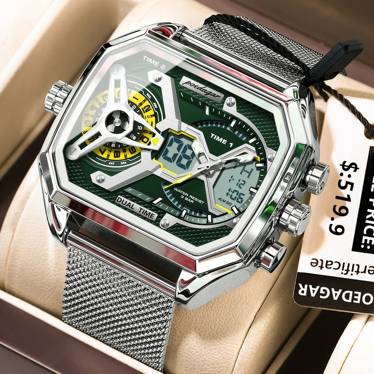 POEDAGAR Tactical Dual Display Chronograph Watch