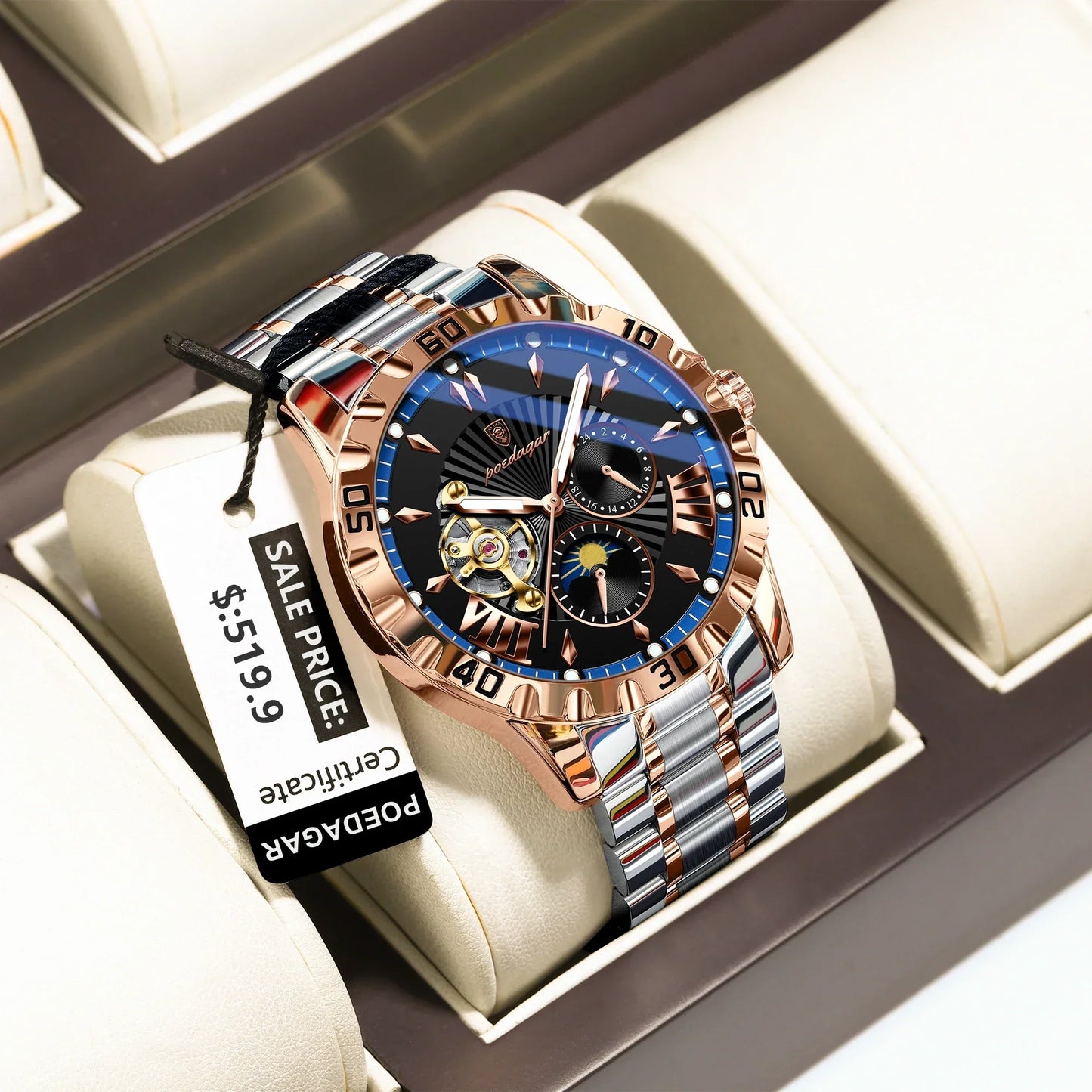 POEDAGAR Prestige Automatic Skeleton Sport Watch
