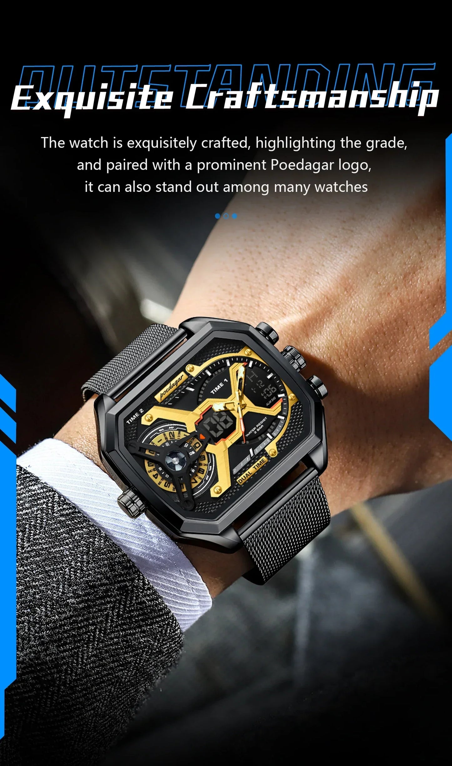 POEDAGAR Tactical Dual Display Chronograph Watch