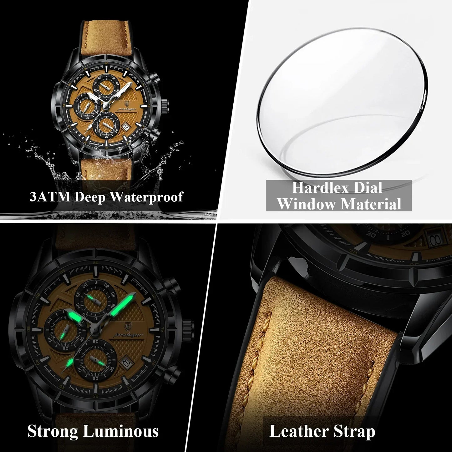 POEDAGAR Vintage Chrono Leather Watch