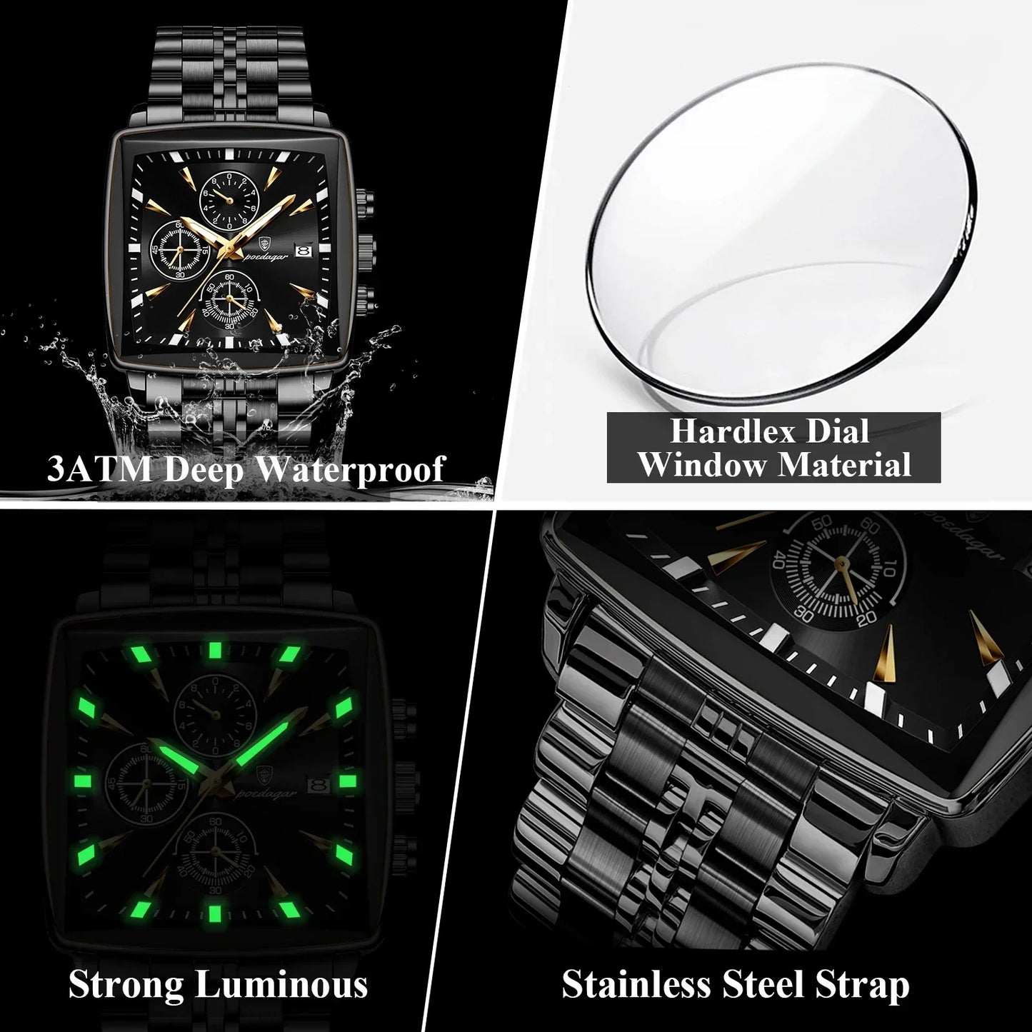 POEDAGAR Square Steel Watch