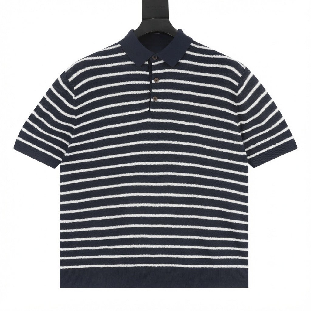 Pony Logo Striped Knitted Polo Shirt Navy/White