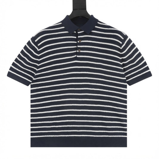 Pony Logo Striped Knitted Polo Shirt Navy/White